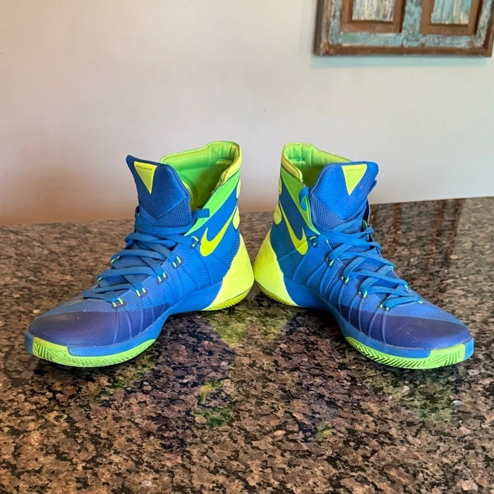 Nike 2015 Hyperdunk Zoom Blue and Neon Green High-Top Sneakers EUC 10.5